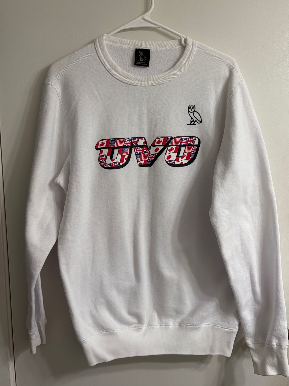 OVO White Crewneck with Multinational Flag Logo